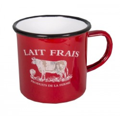 Mug rouge émaille "Lait frais" motif vache